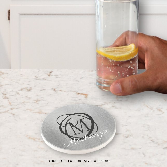 Dessous De Verre En Grès Élégant Argent Brossé Métal Monogramme Nom Élégant (Créateur téléchargé)