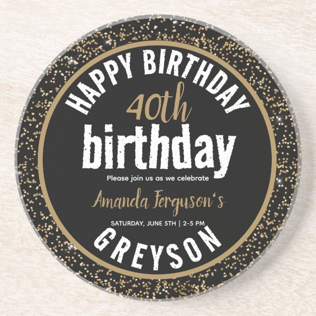 Dessous De Verre En Grès Elegant Black & Gold 40th Birthday Party (Devant)