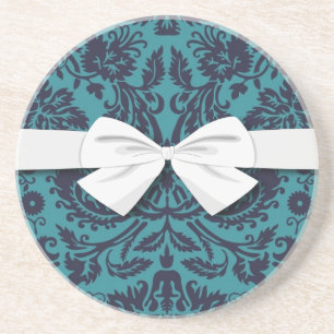 Dessous De Verre En Grès élégant bleu turquoise et damassé de minuit