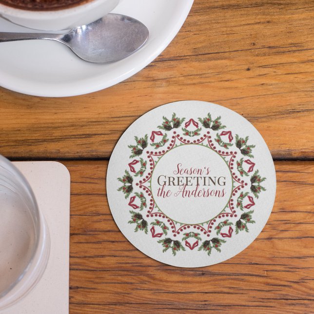 Dessous De Verre En Grès Elégant Circle Vacances Botanique Mandala Custom (Christmas holiday Season's Greetings red and green leaves paper coaster)