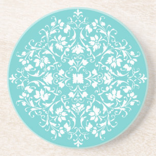 Dessous De Verre En Grès Élégant damasqué bleu aqua et blanc