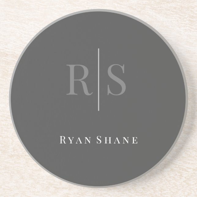 Dessous De Verre En Grès Élégant DIY Monogramme Gris & Nom Blanc, Gris Fonc (Devant)