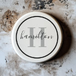 Dessous De Verre En Grès Élégant gris noir rond Monogramme personnalisé ini<br><div class="desc">Elégante ronde personnalisée boisson design dessous de verre dispose d'un classique serif monogramme personnalisé initial en gris étain avec votre nom de famille / nom de famille dans le script moderne de calligraphie noire contre un arrière - plan blanc propre. Un simple cercle noir encadre le design. Le jeu de...</div>