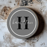 Dessous De Verre En Grès Élégant gris noir rond Monogramme personnalisé ini<br><div class="desc">Élégant modèle de dessous de verre de boisson personnalisée ronde avec un monogramme de serif classique personnalisé en noir avec votre nom de famille / nom dans script de calligraphie blanc moderne contre un arrière - plan gris d'étain foncé. Un simple cercle blanc encadre le design. Le jeu de couleurs...</div>