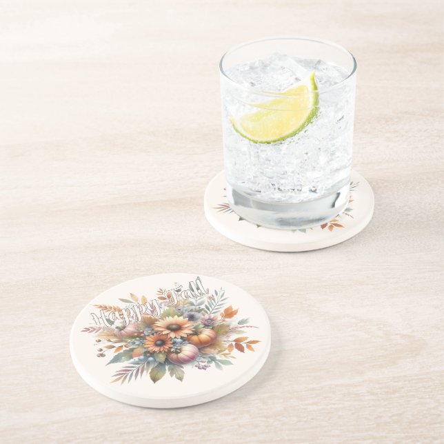 Dessous De Verre En Grès Élégant Happy Fall Citrouille Flower Bouquet Motif (Côté)