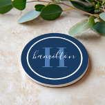 Dessous De Verre En Grès Élégant Marine Bleu Tour Personnalisé Monogramme I<br><div class="desc">Elégante ronde personnalisée boisson design dessous de verre dispose d'un classique monogramme serif personnalisé initial en bleu poussiéreux avec votre nom de famille / nom de famille dans script de calligraphie blanc moderne contre un arrière - plan bleu marine. Un simple cercle blanc encadre le design. Le jeu de couleurs...</div>