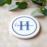Dessous De Verre En Grès Élégant Marine Bleu Tour Personnalisé Monogramme I<br><div class="desc">Elégant rond personnalisé boisson de dessous de verre design dispose d'un classique serif monogramme personnalisé initiale en bleu poussiéreux avec votre nom de famille / nom de famille dans script de calligraphie bleu marine moderne contre un arrière - plan blanc propre. Un simple cercle bleu marine encadre le design. Le...</div>