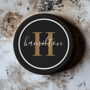 Dessous De Verre En Grès Élégant Marron Noir Rond Monogramme Foncé