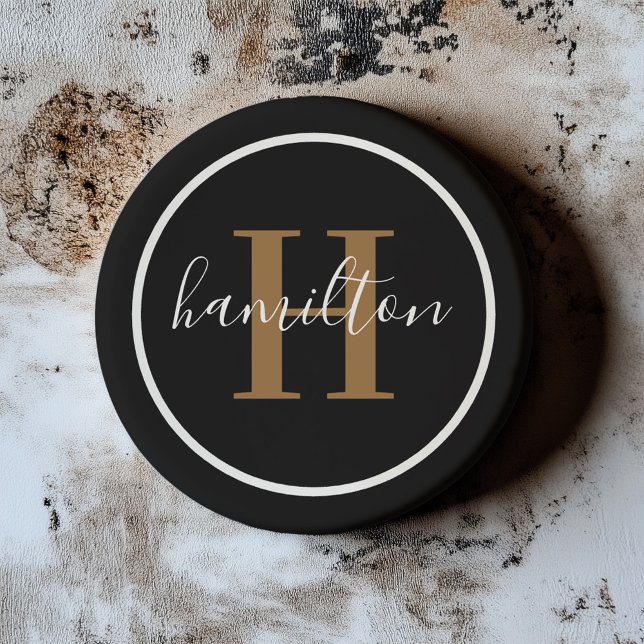 Dessous De Verre En Grès Élégant Marron Noir Rond Monogramme Foncé (Créateur téléchargé)