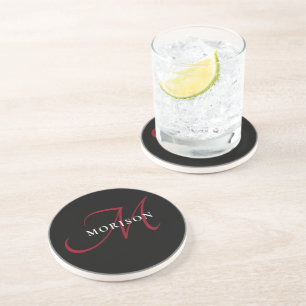 Dessous De Verre En Grès Élégant Monogramme moderne noir rouge