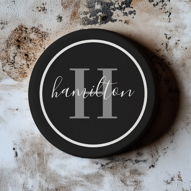 Dessous De Verre En Grès Élégant Monogramme Rond Gris Noir Foncé (Créateur téléchargé)