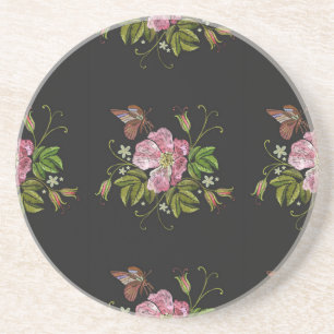 Dessous De Verre En Grès Élégant Motif floral broderie Arrière - plan noir