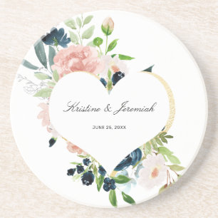 Dessous De Verre En Grès Élégant Rose de la marine Blue Blush Floral Heart 