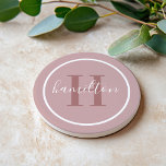 Dessous De Verre En Grès Élégant Rose Dusty personnalisé Monogramme initial<br><div class="desc">Elégante ronde personnalisée boisson design dessous de verre dispose d'un classique monogramme de serif personnalisé initial en rose poussiéreux avec votre nom de famille dans script de calligraphie blanche moderne contre un arrière - plan rose rose clair mauve / poussiéreux. Un simple cercle blanc encadre le design. Le jeu de...</div>