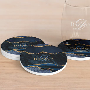 Dessous De Verre En Grès Élégant Stylish Navy Blue Gold Agate Monogramme