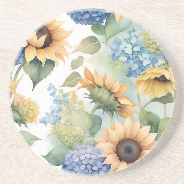 Dessous De Verre En Grès Elégante aquarelle des tournesols et des hydrangée (Devant)