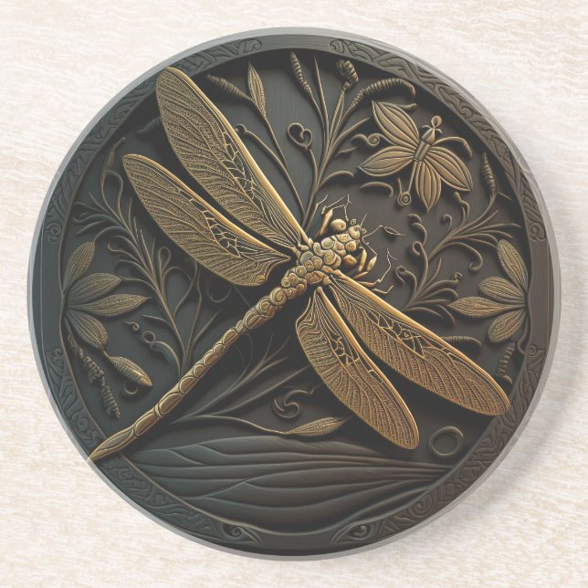 Dessous De Verre En Grès Elégante libellule d'or en Filigree de bronze (Devant)