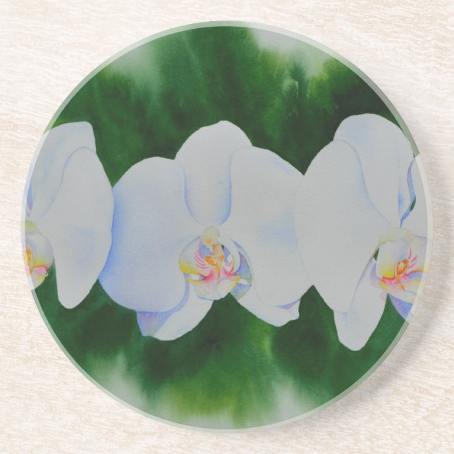 Dessous De Verre En Grès Elégante peinture d'orchidée tropicale blanche (Devant)
