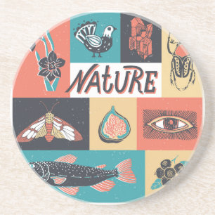 Dessous De Verre En Grès Éléments de la nature, Icônes de style rétro.