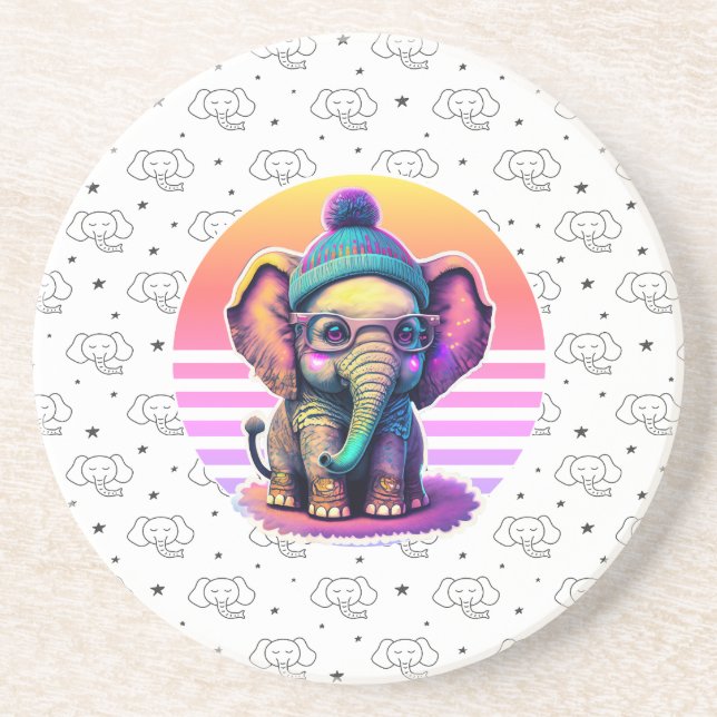 Dessous De Verre En Grès Eléphant bébé mignon avec lunettes et Beanie (Devant)