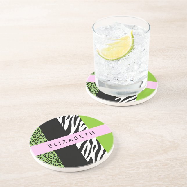 Dessous De Verre En Grès Empreinte de léopard, Zebra Print, Vert, Votre nom (Côté)