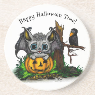Dessous De Verre En Grès En attente d'Halloween, Bat mignonne et Corbeau