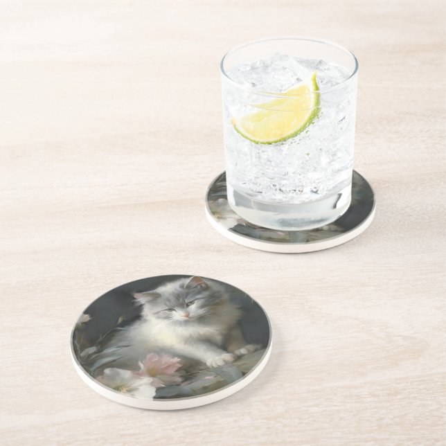 Dessous De Verre En Grès En Compagnie De Fleurs Gris et Blanc Kitten (Côté)