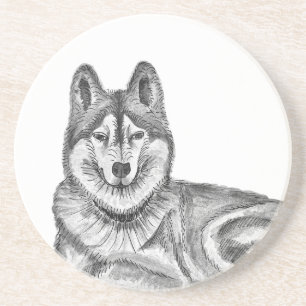 Dessous De Verre En Grès Encre noire et blanche et aquarelle Husky sibérien