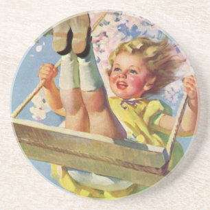 Dessous De Verre En Grès Enfant vintage, Fille se balançant sur un arbre Jo