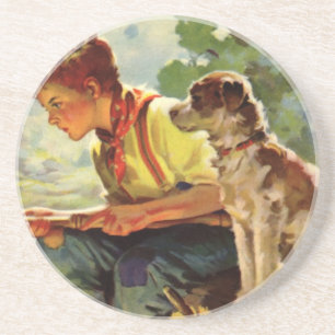 Dessous De Verre En Grès Enfant Vintage, Garçon Pêchant avec Son Chien Mutt