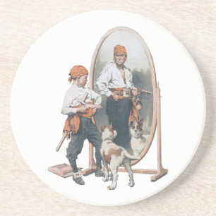 Dessous De Verre En Grès Enfant Vintage, Garçon Pirate, Chien, Miroir, Bouc