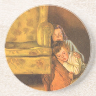 Dessous De Verre En Grès Enfants de Noël Vintage en attente du Père Noël