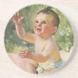Dessous De Verre En Grès Enfants Vintage, Bébé Fille Mignon sur une Couvert