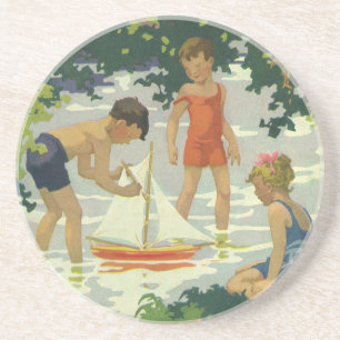 Dessous De Verre En Grès Enfants vintage jouant avec des voiliers jouets su