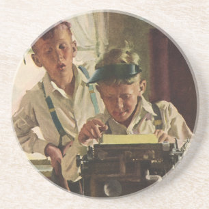 Dessous De Verre En Grès Enfants vintages Garçon Journalistes, Écrivain