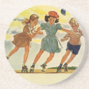 Dessous De Verre En Grès Enfants vintages, Garçons Fun Roller Patinage