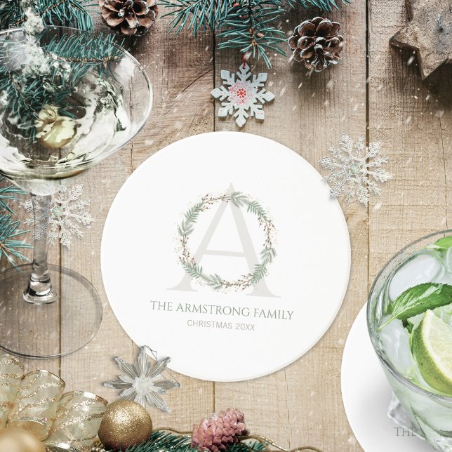 Dessous De Verre En Grès Ensemble d'accessoires de vaisselle à monogramme c (Deep Sage Wreath Monogram Drinkware Accent Set Coaster ©Susanne Sachers - Sunny Mind 🌞)