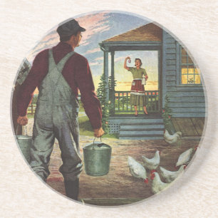 Dessous De Verre En Grès Entreprise Vintage, Ferme avec agriculteur et poul