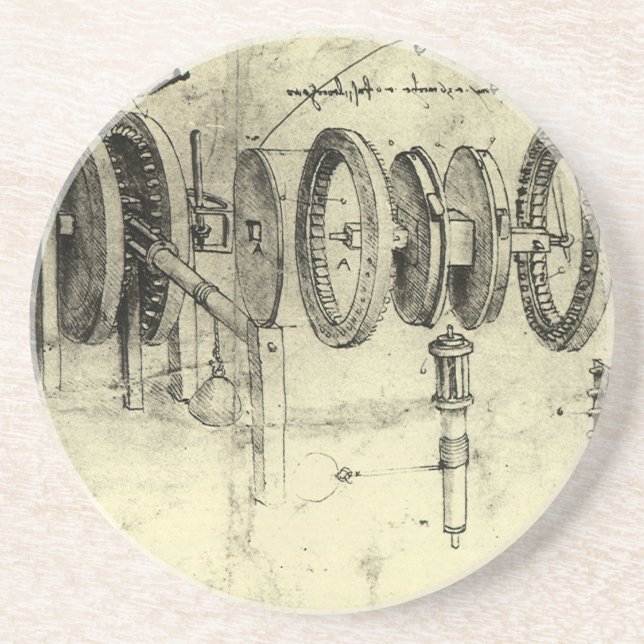 Dessous De Verre En Grès Esquisse technique de Leonardo da Vinci d'une roue (Devant)