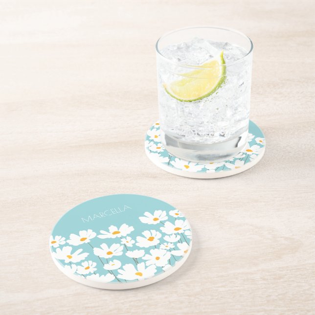 Dessous De Verre En Grès Été Blanc Fleurs Cosmos Nom personnalisé (Côté)
