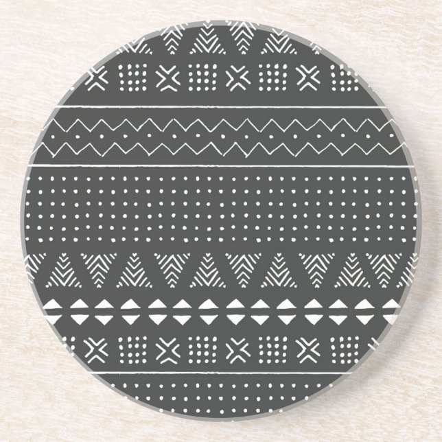Dessous De Verre En Grès Ethnie tribale : motif noir blanc. (Devant)