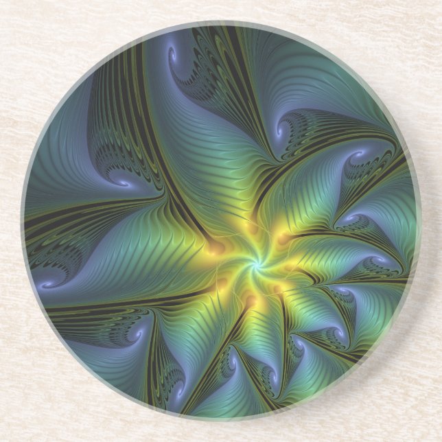 Dessous De Verre En Grès Etoile Abstraite, Bleu brillant Vert Or Fractal Ar (Devant)