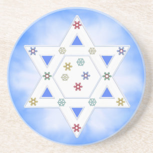 Dessous De Verre En Grès Étoile de Hanouka et flocons de neige sur fond ble