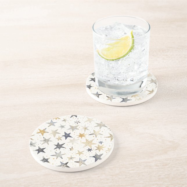 Dessous De Verre En Grès Étoiles Bleues Or Argent (Côté)