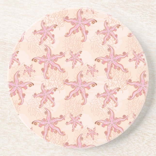 Dessous De Verre En Grès Étoiles de mer et motif pastel rose corail (Devant)
