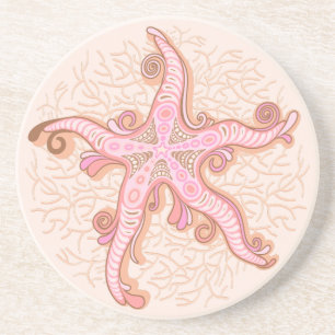 Dessous De Verre En Grès Étoiles de mer et motif pastel rose corail