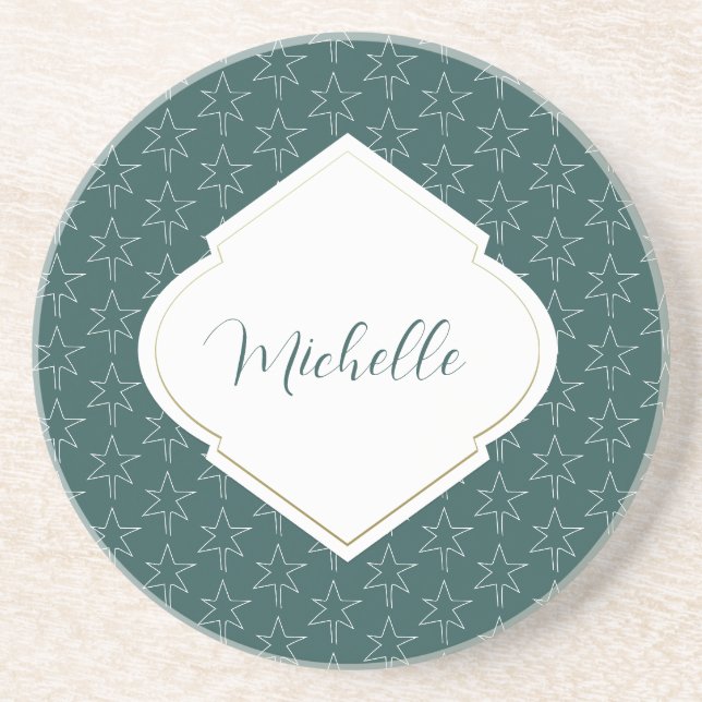 Dessous De Verre En Grès Étoiles de Noël Motif Monogrammé Vert Pin (Devant)
