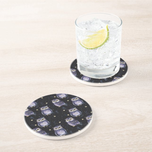 Dessous De Verre En Grès Étoiles Magiques des Hiboux Violets (Côté)