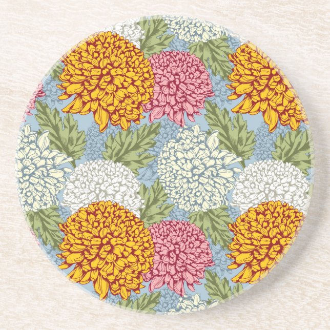 Dessous De Verre En Grès Excellent motif avec des chrysanthèmes (Devant)