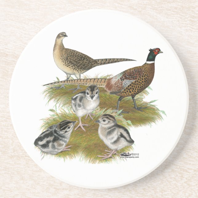 Dessous De Verre En Grès Famille de faisans à collier (Devant)
